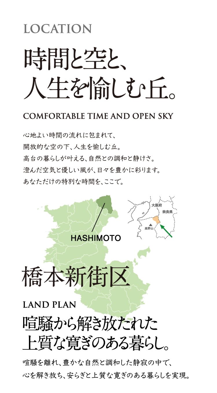LOCATION 時間と空と、人生を愉しむ丘。 COMFORTABLE TIME AND OPEN SKY 心地よい時間の流れに包まれて、開放的な空の下、人生を愉しむ丘。高台の暮らしが叶える、自然との調和と静けさ。澄んだ空気と優しい風が、日々を豊かに彩ります。あなただけの特別な時間を、ここで。 橋本新街区 LAND PLAN 喧騒から解き放たれた上質な寛ぎのある暮らし。 喧騒を離れ、豊かな自然と調和した静寂の中で、心を解き放ち、安らぎと上質な寛ぎのある暮らしを実現。